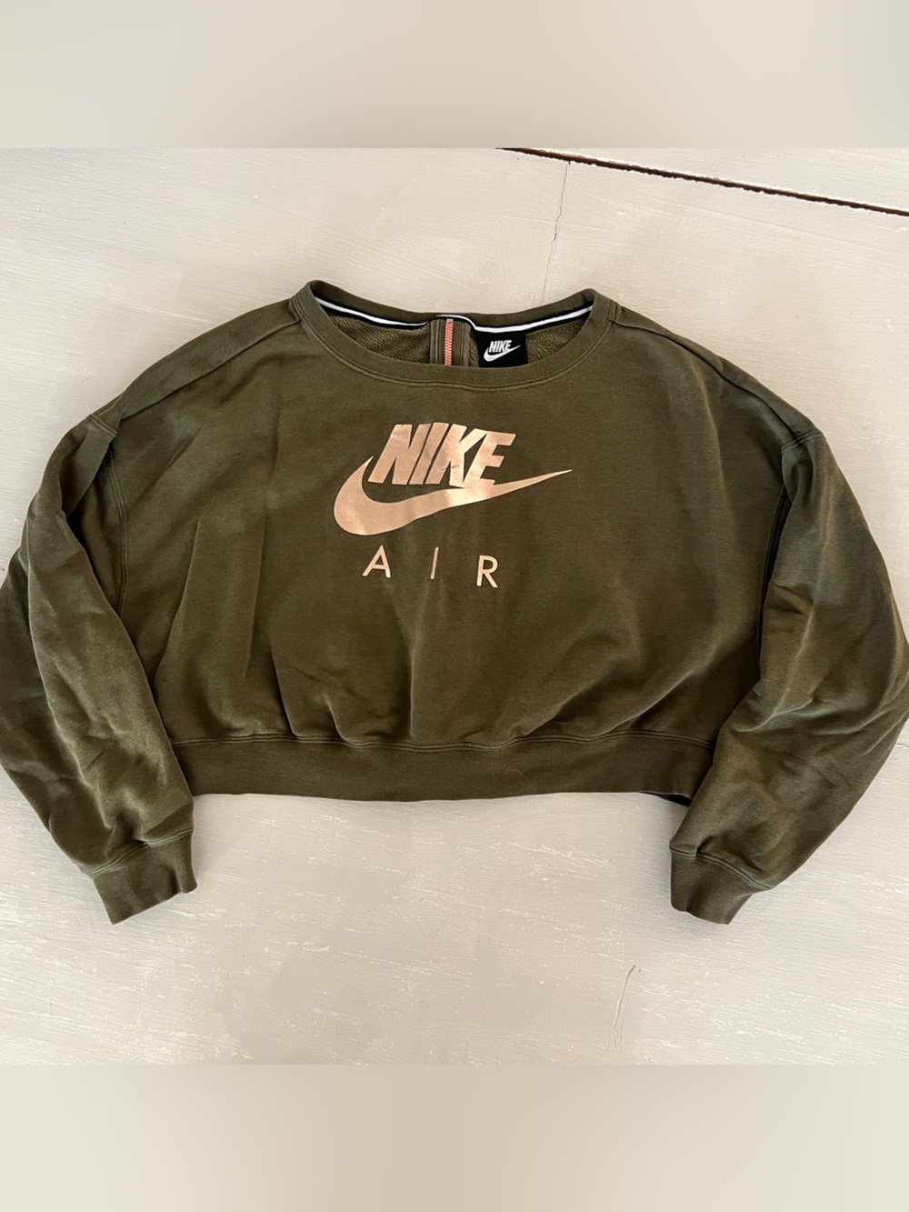 Nike Air Cropped Crewneck Sweatshirt Olive Green Rose Gold Back Zip L